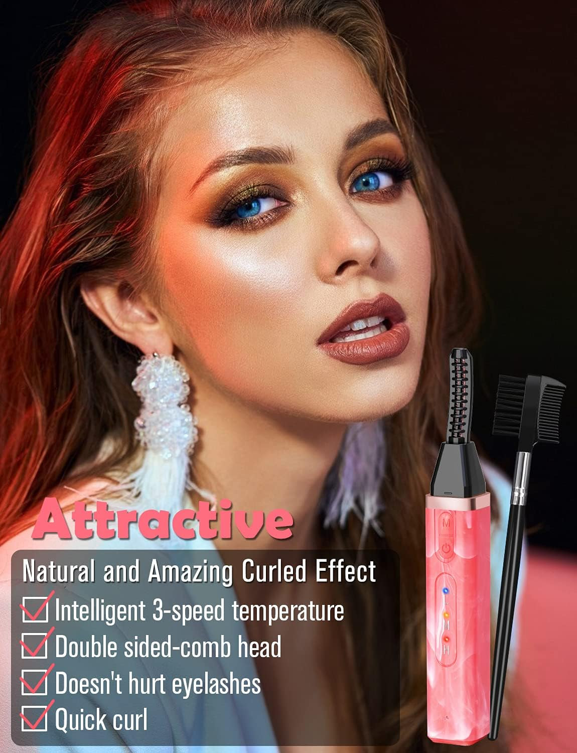 Heated Eyelash Curler, Electric Eyelash Curler USB Rechargeable for Quick Natural Curling, Long Lasting Curl Eyelashes Tool Valentine'S & Christmas Gifts for Women - Watermelon Powder