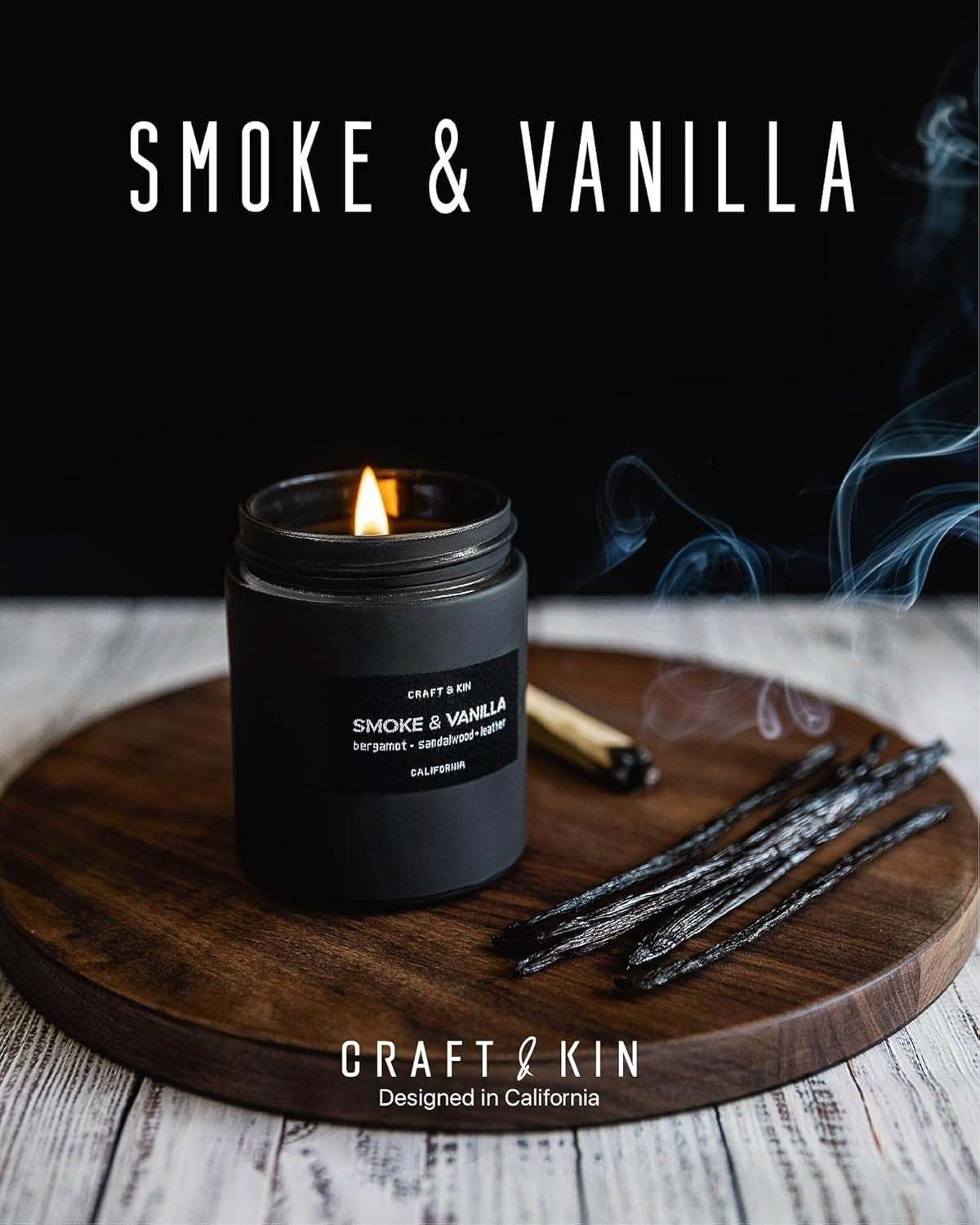 Premium Smoke & Vanilla Candle | Black Scented Candles for Men | Long Lasting with 45 Hour Burn Time, 7.6Oz | Soy Candle | Aromatherapy at Home | Gifts for Men
