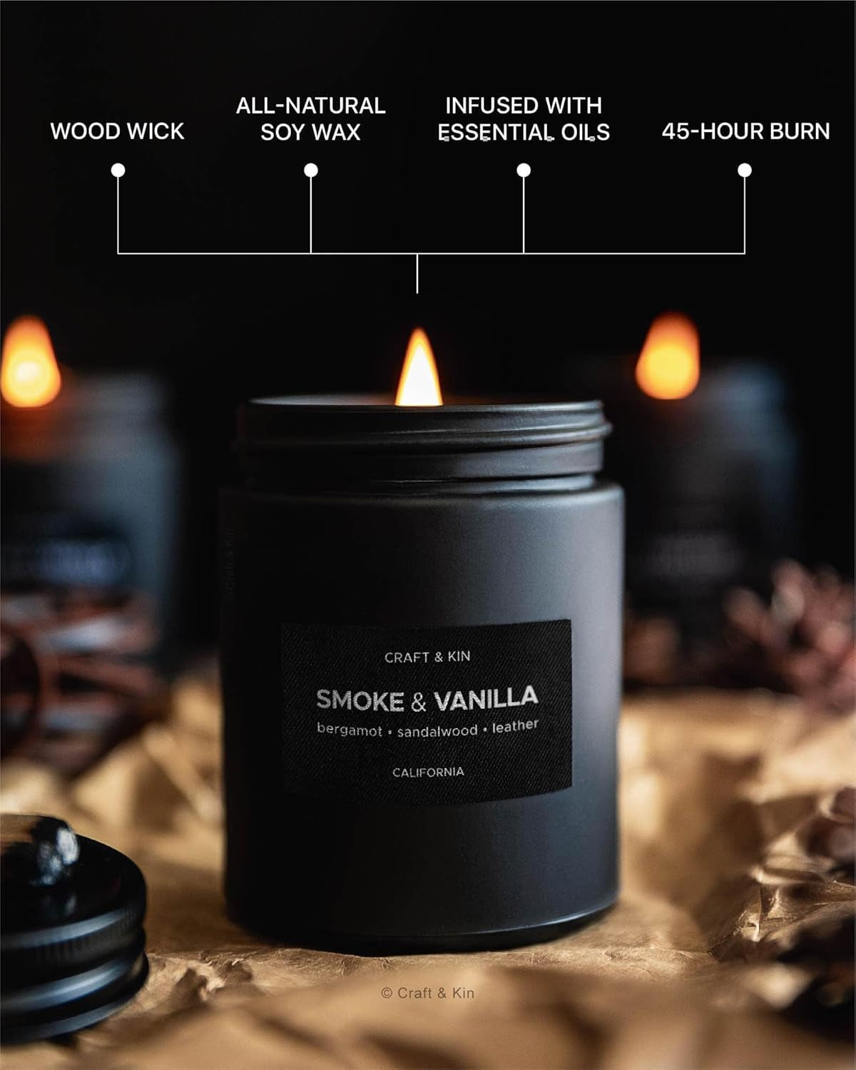Premium Smoke & Vanilla Candle | Black Scented Candles for Men | Long Lasting with 45 Hour Burn Time, 7.6Oz | Soy Candle | Aromatherapy at Home | Gifts for Men