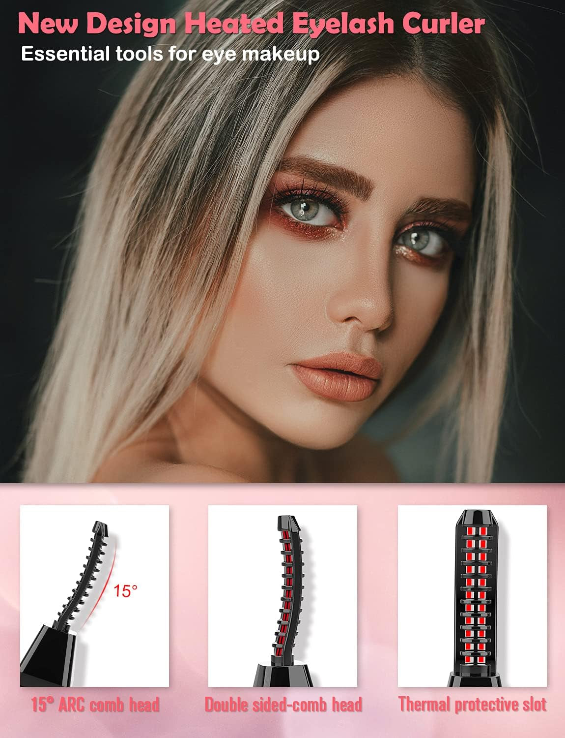 Heated Eyelash Curler, Electric Eyelash Curler USB Rechargeable for Quick Natural Curling, Long Lasting Curl Eyelashes Tool Valentine'S & Christmas Gifts for Women - Watermelon Powder