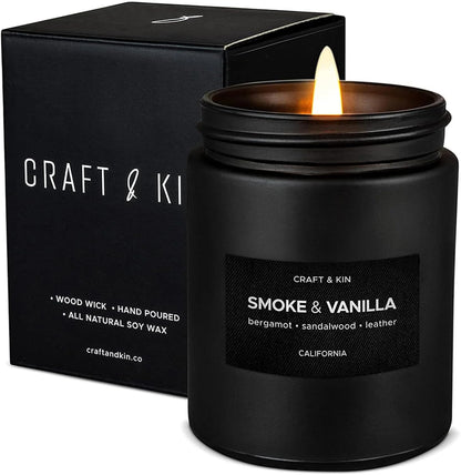 Premium Smoke & Vanilla Candle | Black Scented Candles for Men | Long Lasting with 45 Hour Burn Time, 7.6Oz | Soy Candle | Aromatherapy at Home | Gifts for Men